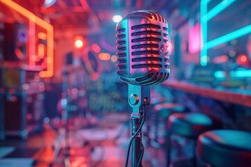 Vintage Microphone on Stand in Retro-Themed Bar with Neon Lights and Musical Instrument Setup Creating a Vibrant Nightlife Ambiance