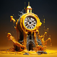 Melting Clock Tower : A Portal to a Fantastical Realm on a Yellow Background