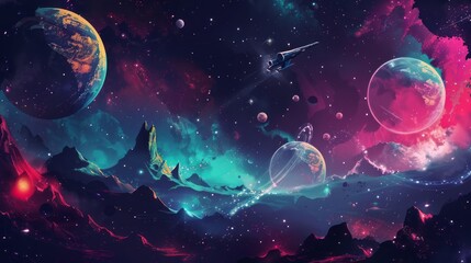 Wall Mural - colorful vintage abstract galaxy illustration with retro futuristic space wallpaper - 4k background 