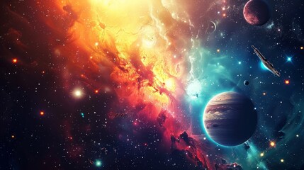 Wall Mural - colorful vintage abstract galaxy illustration with retro futuristic space wallpaper - 4k background 