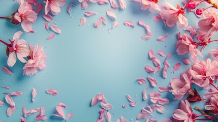 Wall Mural - Blooming cherry blossom in spring on blue backdrop with space for text