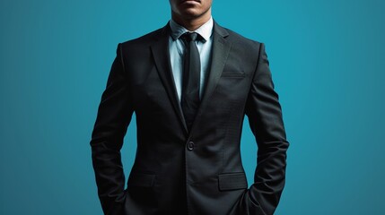 Wall Mural - A man in a suit and tie stands in front of a blue background