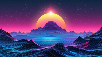 Wall Mural - retro neon synthwave arcade game background with techno mountain landscape, bright sun, and futurist