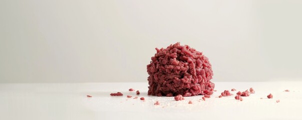 Wall Mural - Ground beef ball on white surface, close-up. Minimalist food photography concept