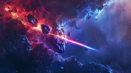 Canvas Print - brightly colored space abstract background with burning comet, flash, and laser through stone, vibra
