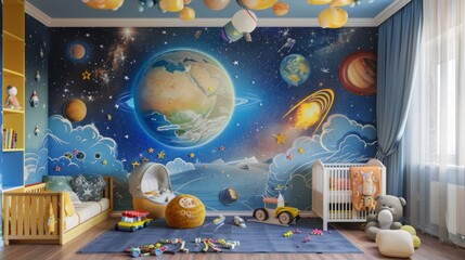 Creative and bright eco-friendly children's room with space theme - fantasy wallpaper featuring planets, stars, and rockets on the wall of a baby room, perfect for inspiring imagination and adventure