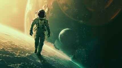 Wall Mural - space explorer in astronaut suit floating in cosmic space with planet, futuristic human space missio