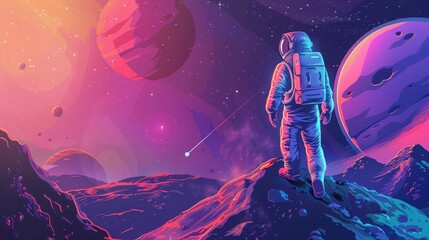 Wall Mural - space explorer in astronaut suit floating in cosmic space with planet, futuristic human space missio