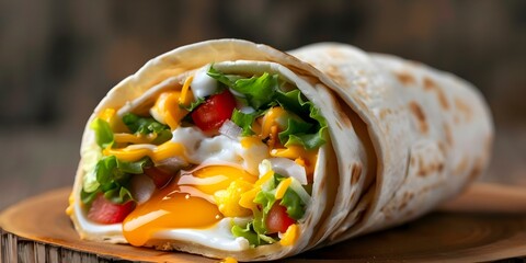 Wall Mural - Breakfast burrito with perfectly fried egg made using Sunnyside Up Wrapped tech. Concept Sunnyside Up Egg, Breakfast Burrito, Perfectly Fried Egg, Food Presentation