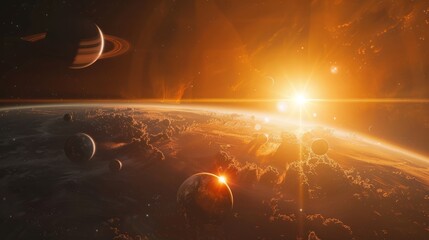 Wall Mural - sunrise over group of planets in deep space, cosmic exploration and astronomical discovery concept