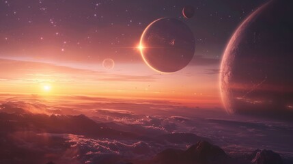Wall Mural - sunrise over group of planets in deep space, cosmic exploration and astronomical discovery concept