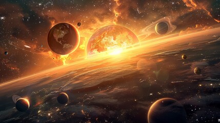 Wall Mural - sunrise over group of planets in deep space, cosmic exploration and astronomical discovery concept