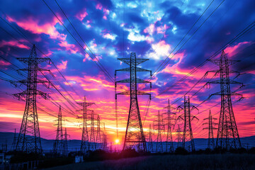 High voltage pole on silhouette sunset background