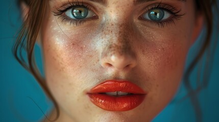 Close-up portrait of a model with elegant makeup, flawless skin, and luscious lips, emphasizing beauty and fashion.