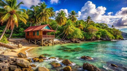 Wall Mural - Vibrant colors capture serene Guadeloupe beach scene with rugged rocky shore, charming wooden house, and lush tropical vegetation surroundings.