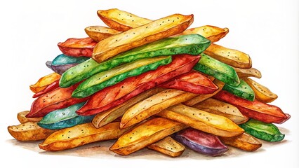 Colorful stylized hand-drawn fried potatoes arranged in a stack, solitary on a plain white background in a playful illustrative format.