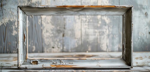 Wall Mural - Weathered empty picture frames in an eco-artistic gallery, focusing on reclaimed materials with a wide perspective.