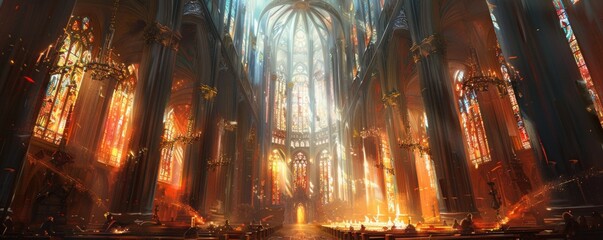 Wall Mural - An ancient cathedral with soaring spires and stained glass windows, its interior filled with a sense of awe and wonder.