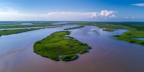 Wall Mural - Aerial view of flooded delta with water covering land in isolated patches. Concept Aerial Photography, Flooded Delta, Isolated Patches, Natural Disaster, Landscape View