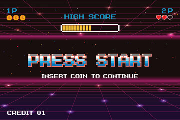 Wall Mural - PRESS START INSERT A COIN TO CONTINUE .pixel art .8 bit game. retro game. for game assets .Retro Futurism Sci-Fi Background. glowing neon grid. and stars from vintage arcade computer games