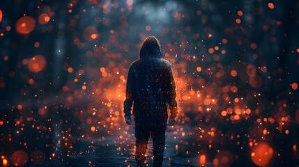 Hooded Hacker Surrounded by Red Technological Particles, Digital Security Concept