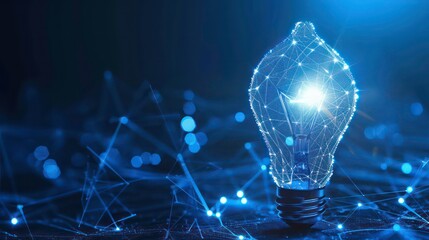 Poster - artificial intelligence data digital innovation, abstract blue glow light bulb on dark blue backgrou