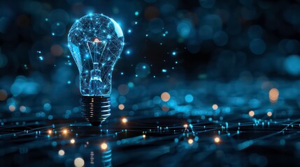 Poster - artificial intelligence data digital innovation, abstract blue glow light bulb on dark blue backgrou