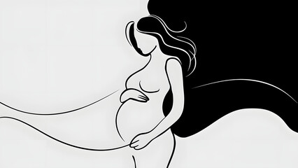 Wall Mural - A minimalist, black single line drawing of a pregnant woman