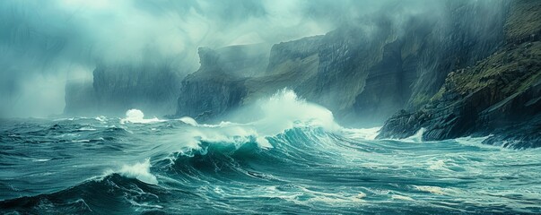 Wall Mural - A rugged coastline with crashing waves, the spray of the sea creating a mist that hangs in the air.