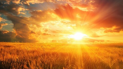 Wall Mural - Sunset over golden wheat meadow with sun rays