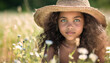 © Carmen - Close up portrait of beautiful bi-racial little girl with green eyes, sitting outside in wildflower meadow, copy space