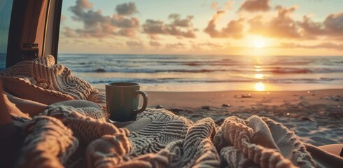 Wall Mural - Car on the beach with mug and blanket at sunset, campervan life concept for summer