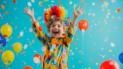 A young child wearing a clown costume is jumping in the air with a bunch of balloons around him. The balloons are in various colors and sizes, and they are scattered all around the child