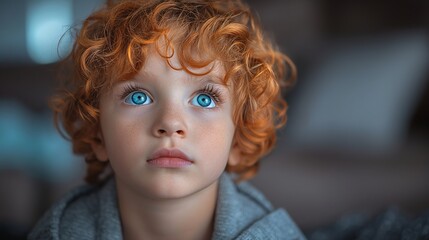 Wall Mural - A young boy with red hair and blue eyes. He is looking at the camera. The boy is wearing a gray hoodie