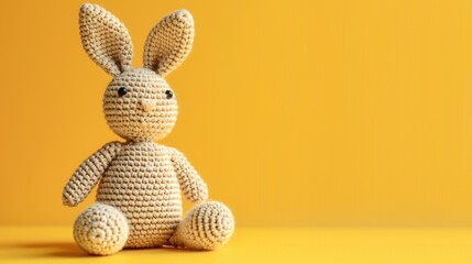 Easter themed bunny amigurumi on yellow background with space for text