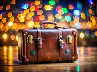 Vibrant bokeh lights blur behind a sleek, brown leather suitcase, adorned with travel stickers, waiting to embark on a thrilling adventure anywhere.