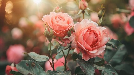 Sticker - Blossoming pink roses in full bloom in a summer garden