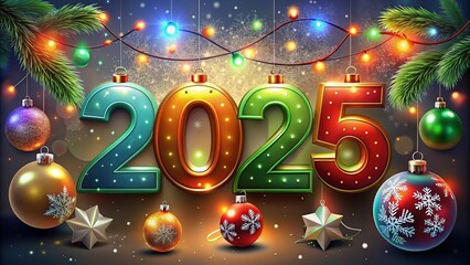 New Year 2025 Creative Design Concept. Color text 2025, Christmas ornaments and garland on light background, snowflakes