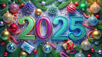 Wall Mural - New Year 2025 Creative Design Concept. Color text 2025, Christmas ornaments and garland on light background, snowflakes