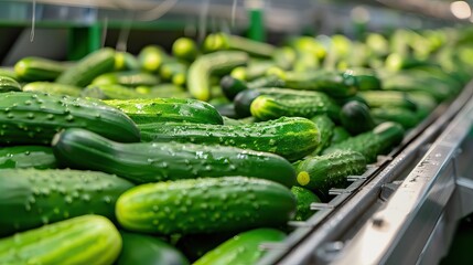 Wall Mural - Fresh Cucumbers on a Conveyor Belt in a Modern Agricultural Processing Facility