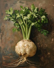 Wall Mural - Artistic Still Life of a Fresh Celery Root with Leaves in a Rustic Setting