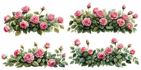 Wall Mural -  Set of beautiful pink roses with lush green leaves, cut out 