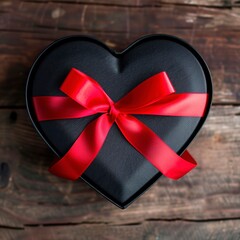 Wall Mural - Premium hearth shaped black box. Red ribbon on it. Wooden background. Natural light. Top view