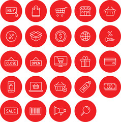 Wall Mural - round circle red button icon set of shopping mobile shop digital marketing e-commerce bank card gift