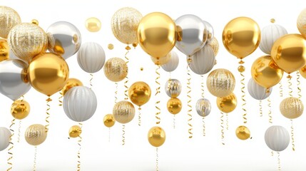 Wall Mural - Isolated white background with gold and silver Happy New Year balloons and paper lanterns