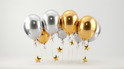 Isolated 3D rendering of New Year balloons in gold and silver with star-shaped garlands