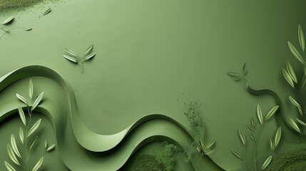 Sticker - A soothing green 3D paper art wallpaper depicting layered wavy patterns and leaf motifs for a calming background