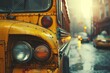 © punniix - Close-up of a vintage yellow school bus parked on a rainy urban street with blurred city lights and reflections.