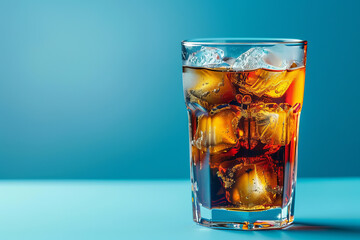 Wall Mural - A glass of cold tea or cola with ice cubes on a blue empty background with space for text or inscriptions
