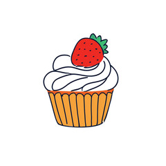 Sticker - 苺のカップケーキのラフなタッチの手描き風イラスト　白背景の切り抜き